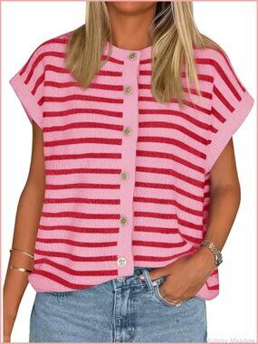 Striped Cap Sleeve Sweater Vest Crew Neck Button Down Cardigan Knit Tops